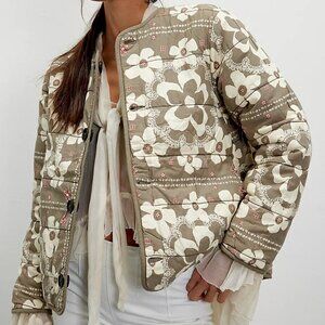 Free People Olive & Cream Quilted Floral Cropped Ski Jacket